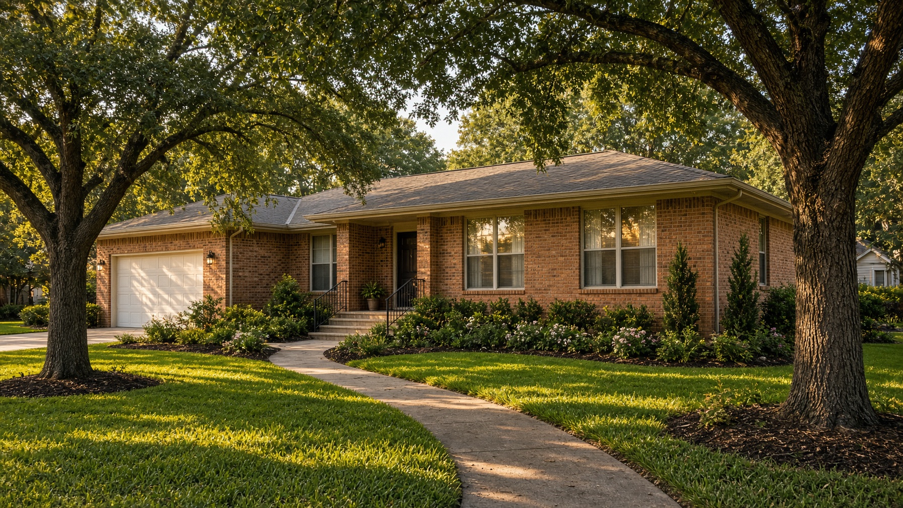 A well-kept Houston brick home with live oaks in late afternoon light